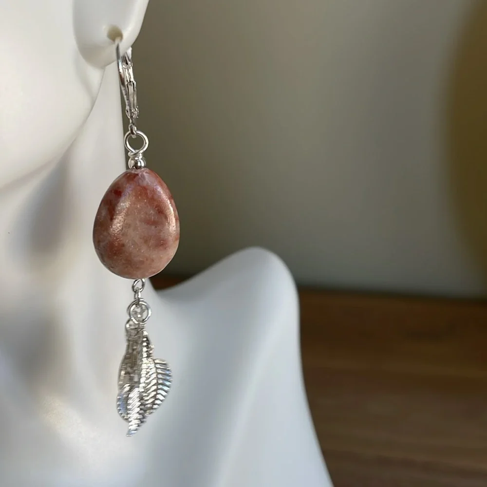 HAND CRAFTED SUNSTONE PIERCED EARRINGS Boho Dangling Leaves